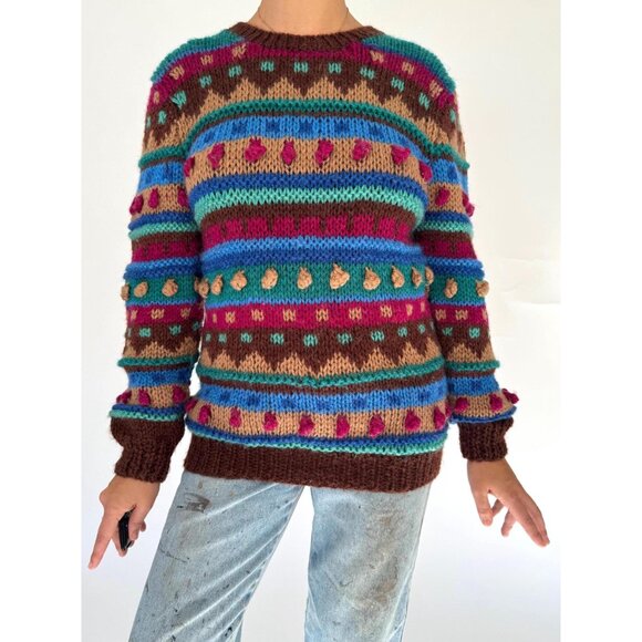 90s vintage multicolor striped polka dot pom poms textured chunky knit sweater - Picture 2 of 9